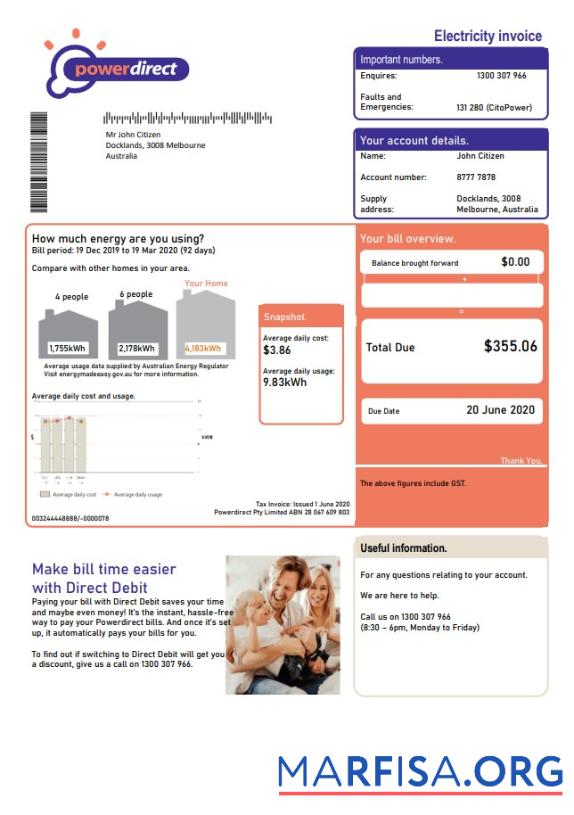 Realistic Australia Powerdirect electricity utility bill template